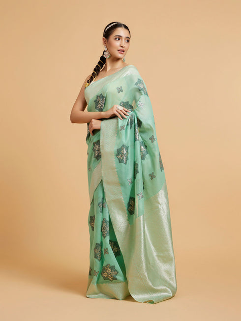 Mohey Sea Green Floral Motifs in Zari Work Saree