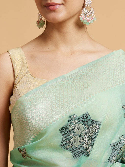 Mohey Sea Green Floral Motifs in Zari Work Saree
