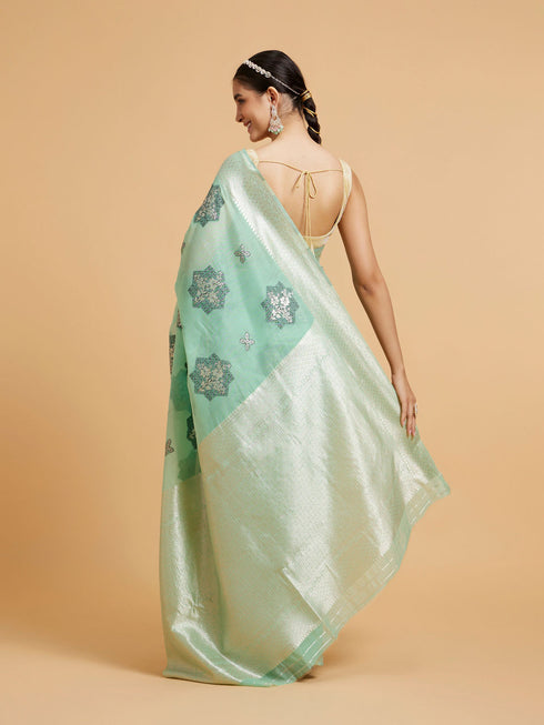Mohey Sea Green Floral Motifs in Zari Work Saree