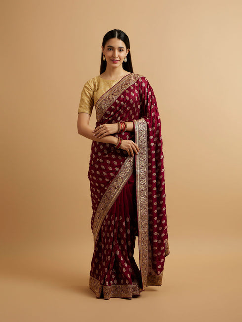 Mohey Wine Floral Buta Patterned Saree with Stone Embellishments