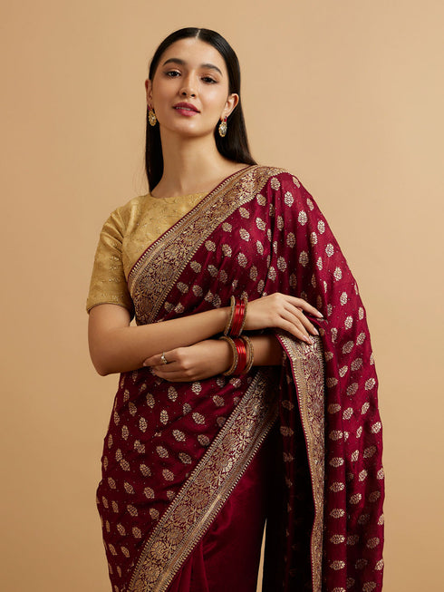 Mohey Wine Floral Buta Patterned Saree with Stone Embellishments