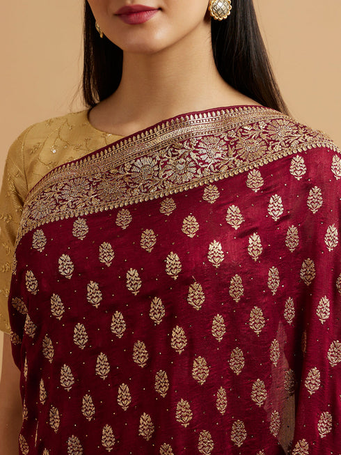 Mohey Wine Floral Buta Patterned Saree with Stone Embellishments