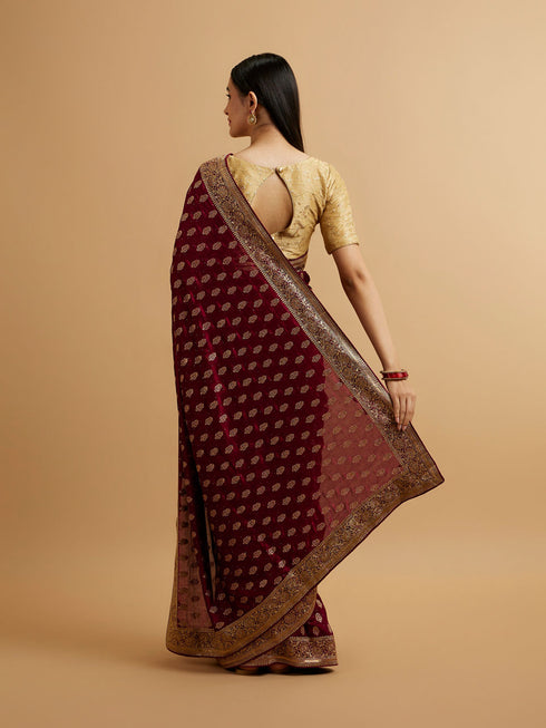 Mohey Wine Floral Buta Patterned Saree with Stone Embellishments