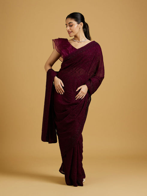 Mohey Wine Red Paisley Embroidered Saree with Gota Patti Work
