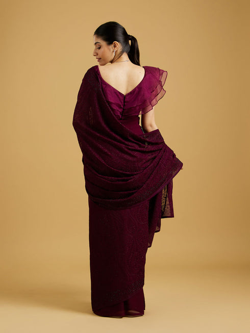 Mohey Wine Red Paisley Embroidered Saree with Gota Patti Work