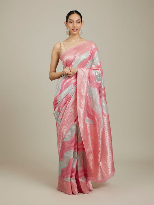 Mohey Pink Light Blue Leaf Patterned Saree