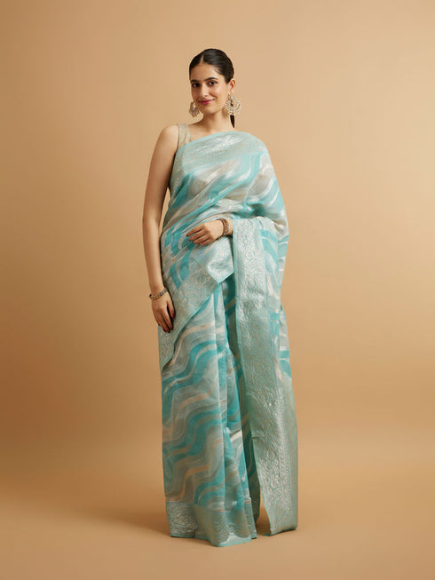 Mohey Light Blue Leaf Patterned Saree with Floral Motifs