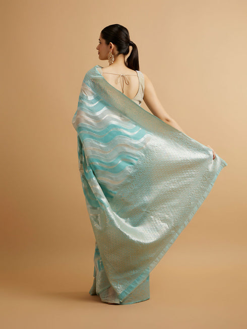 Mohey Light Blue Leaf Patterned Saree with Floral Motifs