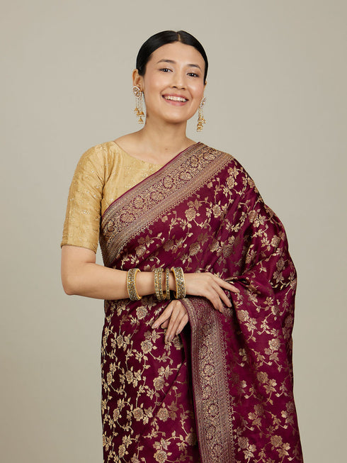 Mohey Classic Wine Bel Buti Patterned Bridal Saree