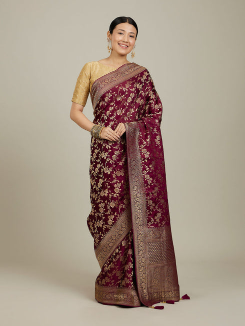 Mohey Classic Wine Bel Buti Patterned Bridal Saree