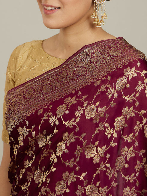 Mohey Classic Wine Bel Buti Patterned Bridal Saree