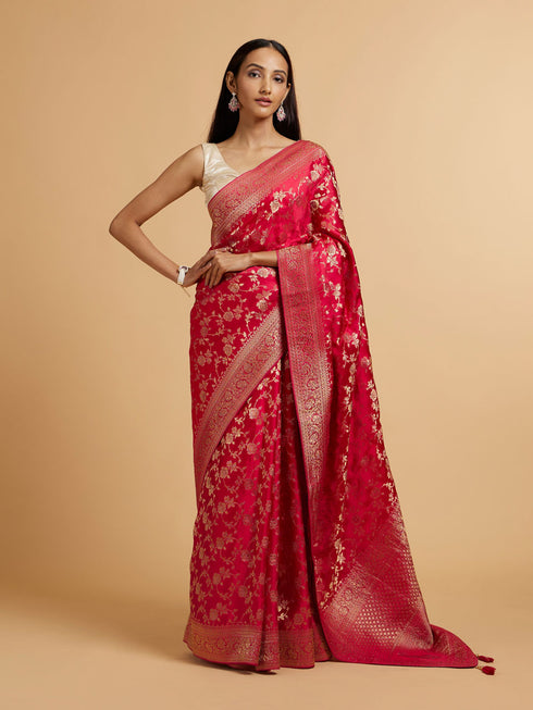 Mohey Rani Pink Bel Buti Patterned Bridal Saree with Rhinestones