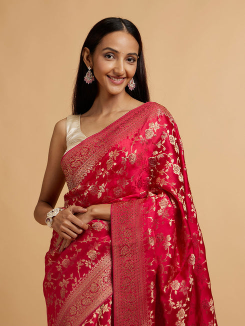 Mohey Rani Pink Bel Buti Patterned Bridal Saree with Rhinestones