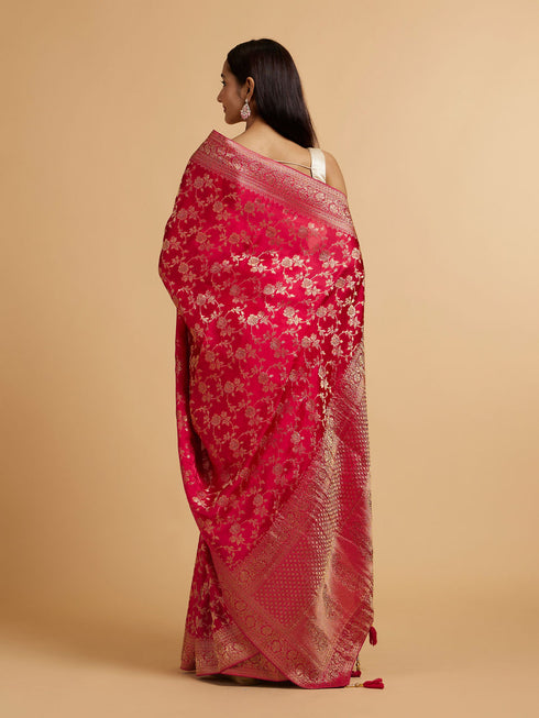 Mohey Rani Pink Bel Buti Patterned Bridal Saree with Rhinestones
