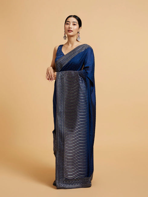 Mohey Teal Blue Wave Patterned Saree with Rhinestones
