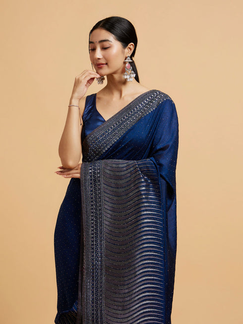Mohey Teal Blue Wave Patterned Saree with Rhinestones