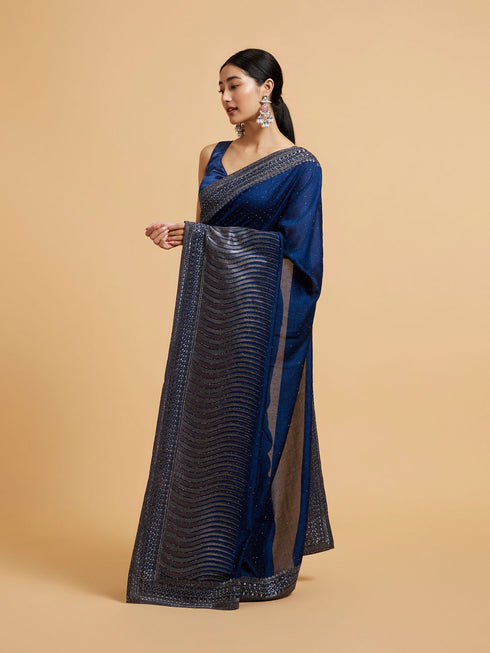 Mohey Teal Blue Wave Patterned Saree with Rhinestones