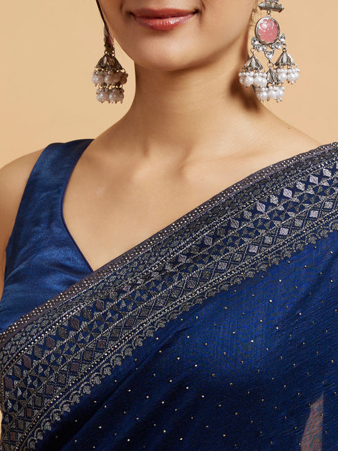 Mohey Teal Blue Wave Patterned Saree with Rhinestones