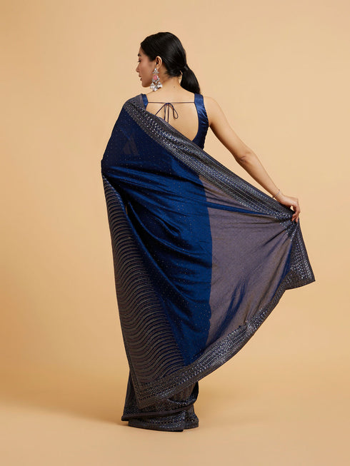 Mohey Teal Blue Wave Patterned Saree with Rhinestones