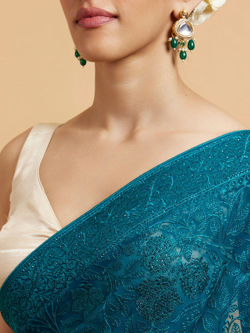 Mohey Rama Green Bel Buti Embroidered Saree with Rhinestones