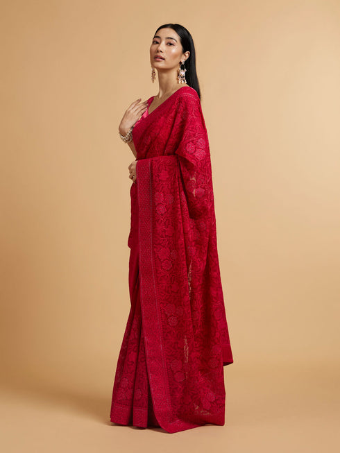 Mohey Rani Pink Bel Buti Embroidered Saree with Rhinestones