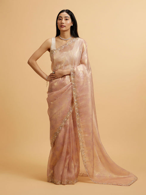 Mohey Light Pink Floral Print Saree with Rhinestone Work