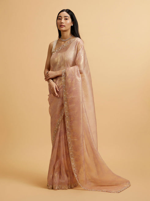 Mohey Light Pink Floral Print Saree with Rhinestone Work