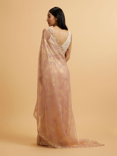 Mohey Light Pink Floral Print Saree with Rhinestone Work