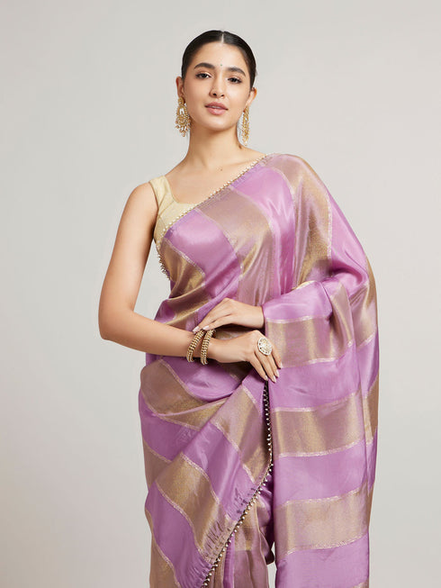Mohey Orchid Purple Paisley & Bel Buti Patterned Saree with Pearl Border
