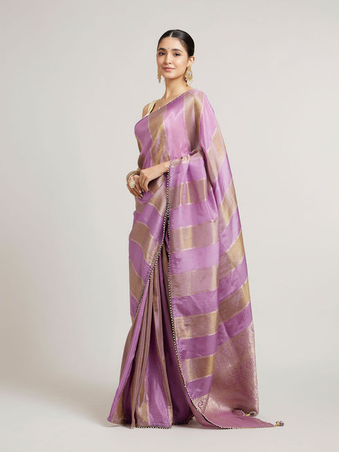 Mohey Orchid Purple Paisley & Bel Buti Patterned Saree with Pearl Border