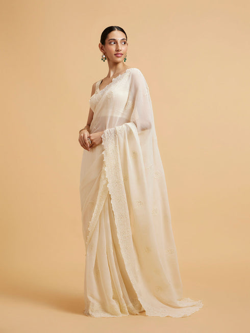 Mohey Enchanting Dark Cream Organza Saree