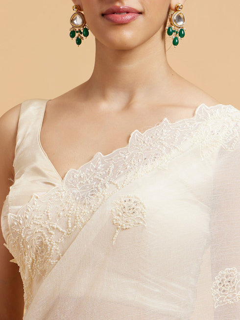 Mohey Enchanting Dark Cream Organza Saree
