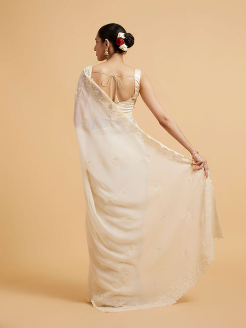 Mohey Enchanting Dark Cream Organza Saree