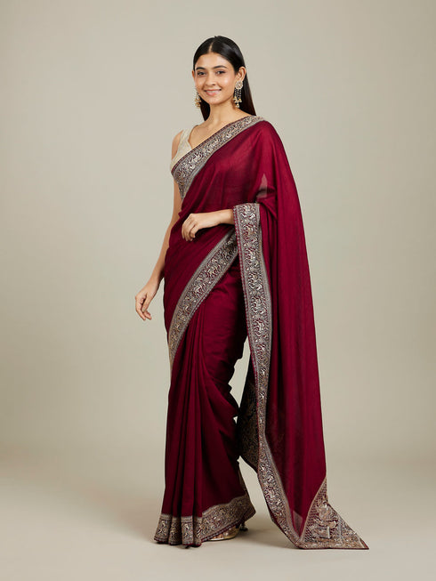 Mohey Royal Wine Doli Baraat Patterned Saree