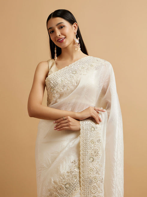 Mohey Dark Cream Bel Buti Patterned Stone Embellished Saree