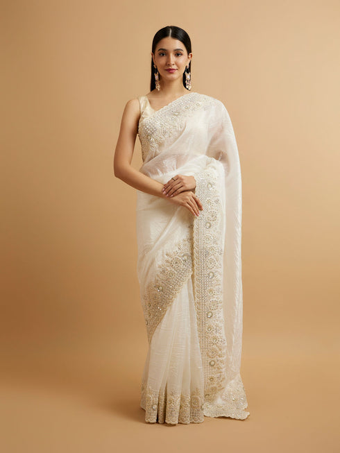 Mohey Dark Cream Bel Buti Patterned Stone Embellished Saree