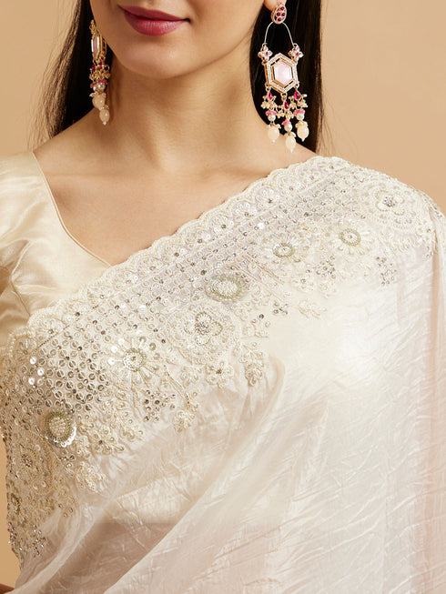 Mohey Dark Cream Bel Buti Patterned Stone Embellished Saree