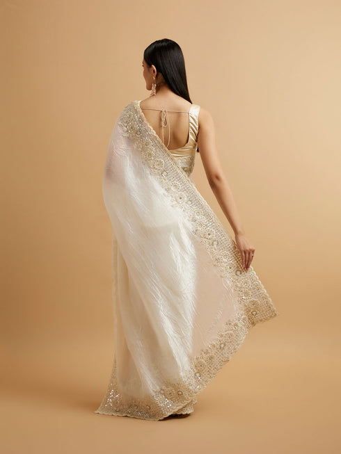 Mohey Dark Cream Bel Buti Patterned Stone Embellished Saree