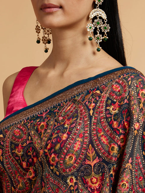 Mohey Teal Blue Paisley Embroidered Saree
