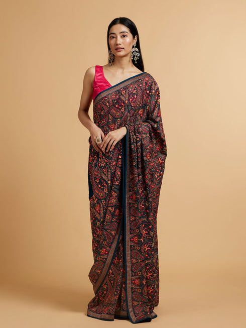 Mohey Teal Blue Paisley Embroidered Saree
