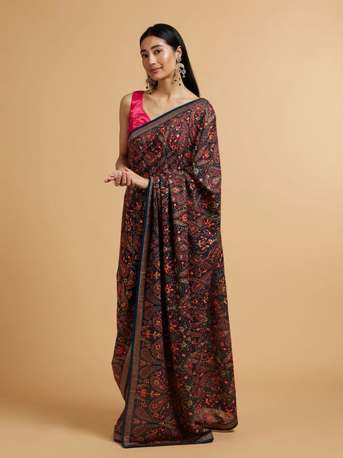 Mohey Teal Blue Paisley Embroidered Saree