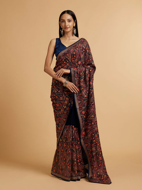 Mohey Dark Blue Paisley Embroidered Saree