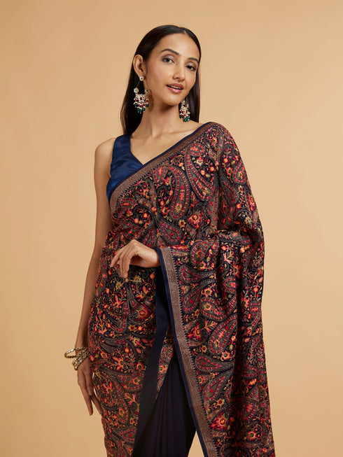 Mohey Dark Blue Paisley Embroidered Saree
