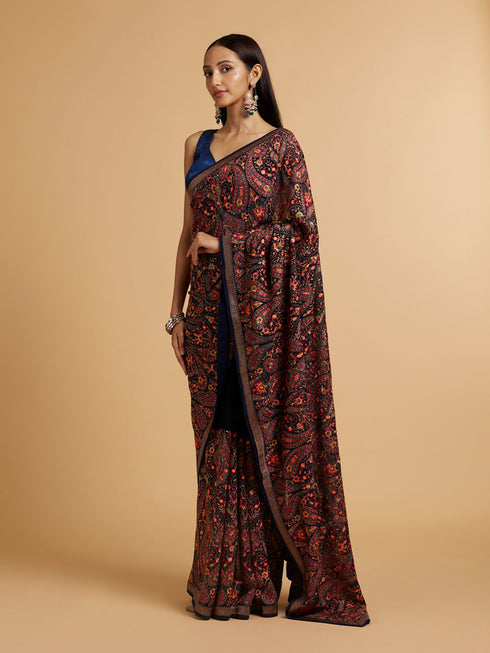 Mohey Dark Blue Paisley Embroidered Saree