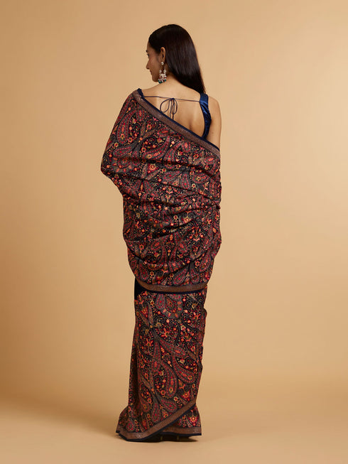 Mohey Dark Blue Paisley Embroidered Saree