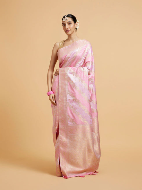 Mohey Carnation Pink Bel Patterned Saree with Floral Borders