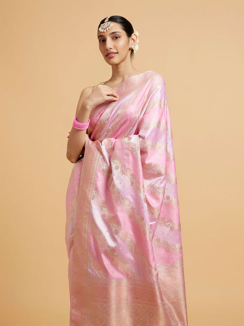 Mohey Carnation Pink Bel Patterned Saree with Floral Borders