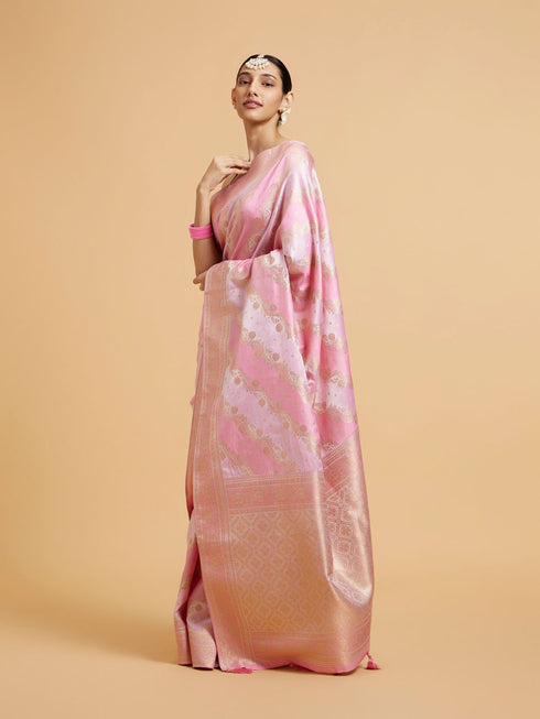 Mohey Carnation Pink Bel Patterned Saree with Floral Borders