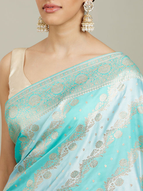 Mohey Sky Blue Bel Patterned Saree with Floral Borders