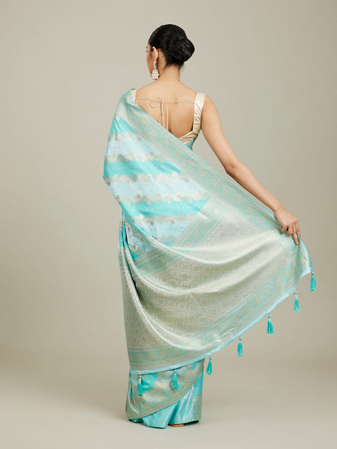 Mohey Sky Blue Bel Patterned Saree with Floral Borders